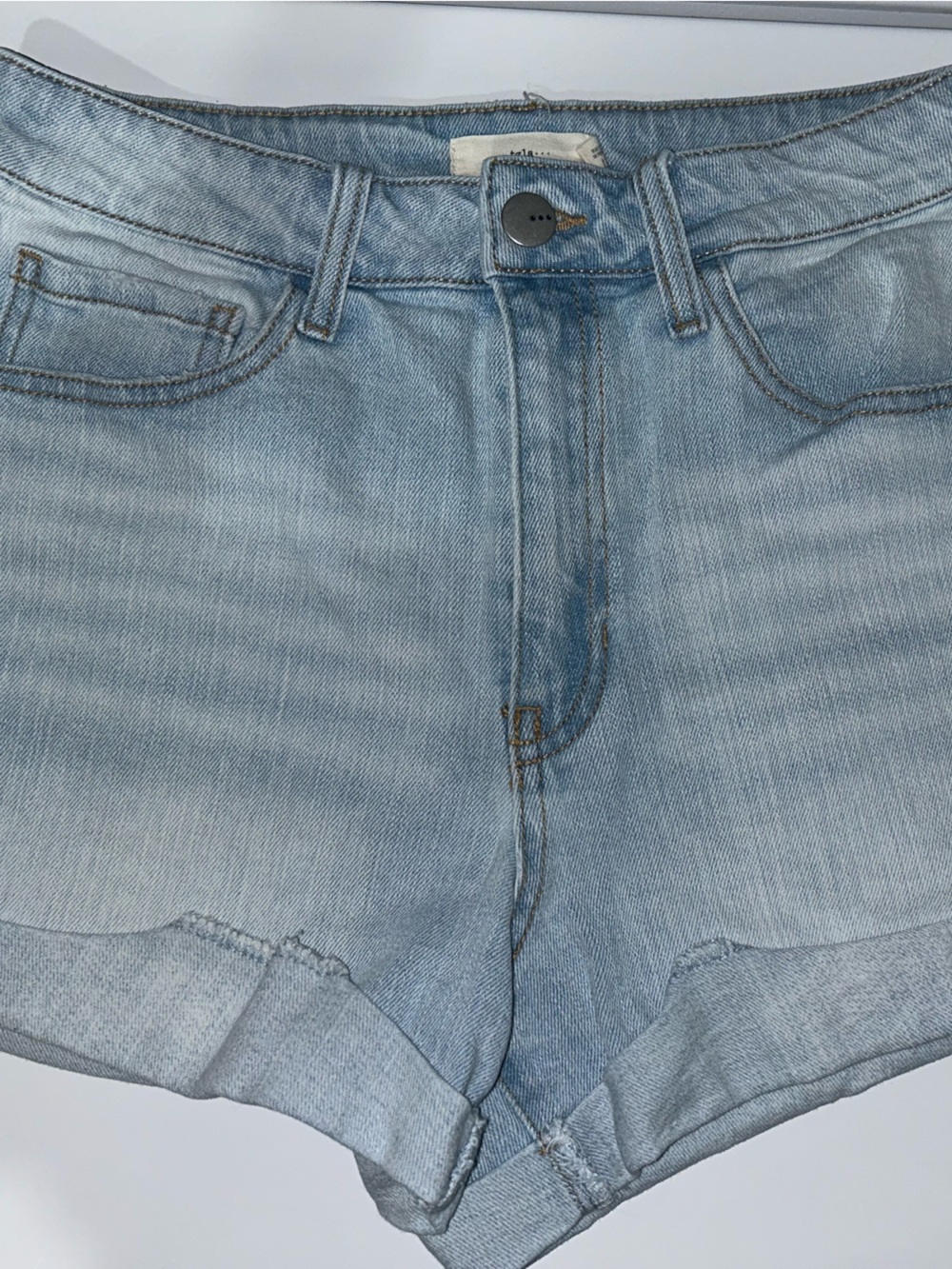High-Rise Light Blue Denim Shorts with Rolled Hem